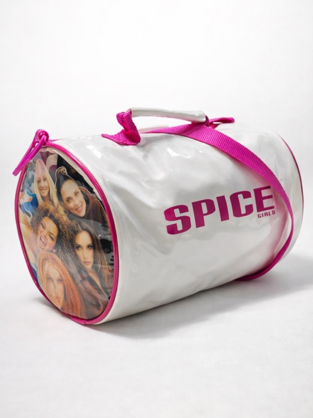 Vintage Spice Girls Barrel Bag Y2K White Pink Mini Duffle Gym Bag